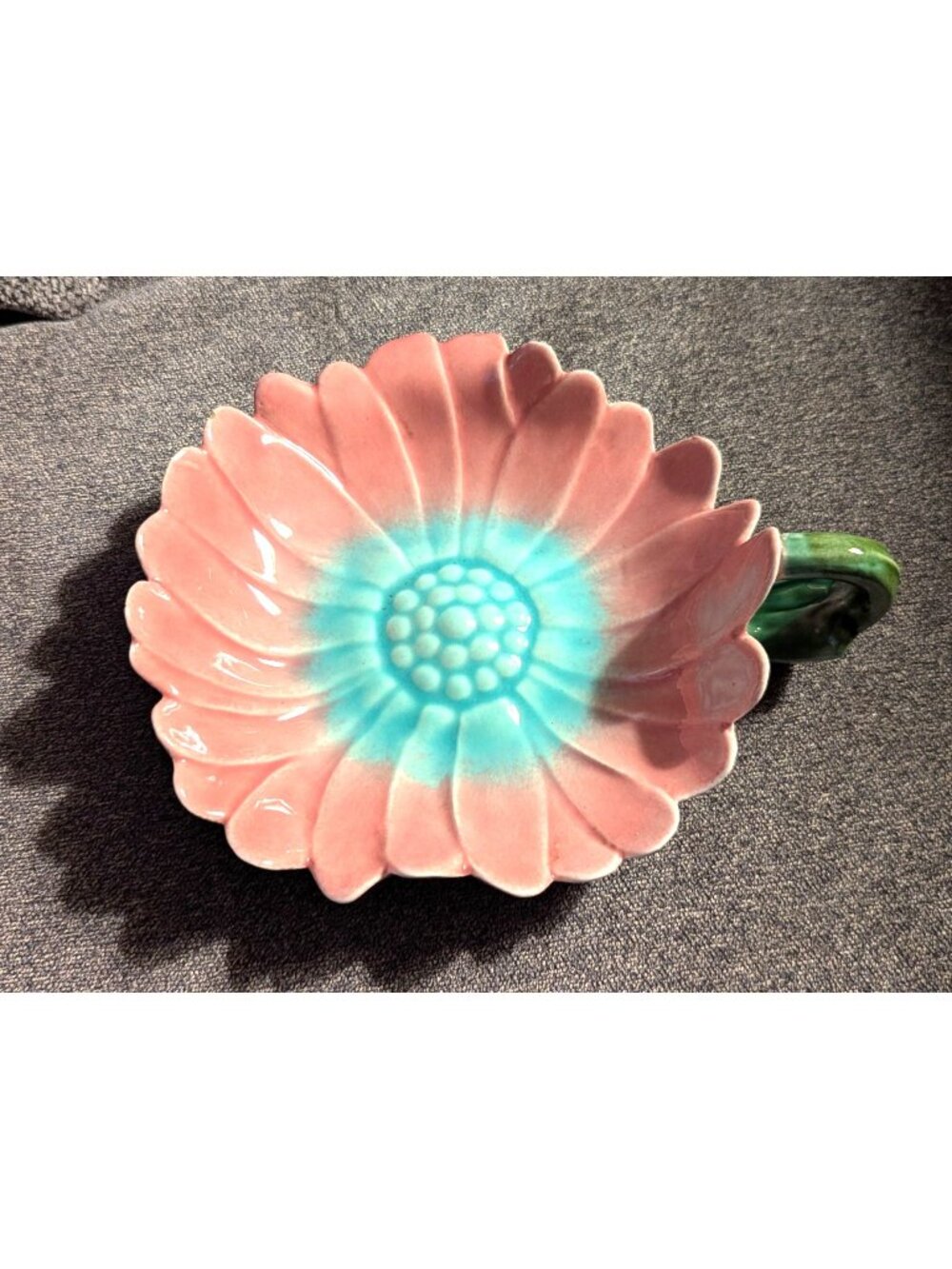 Vintage Ceramic Pink & Blue Flower-Shaped Dish With Green Stem Handle
